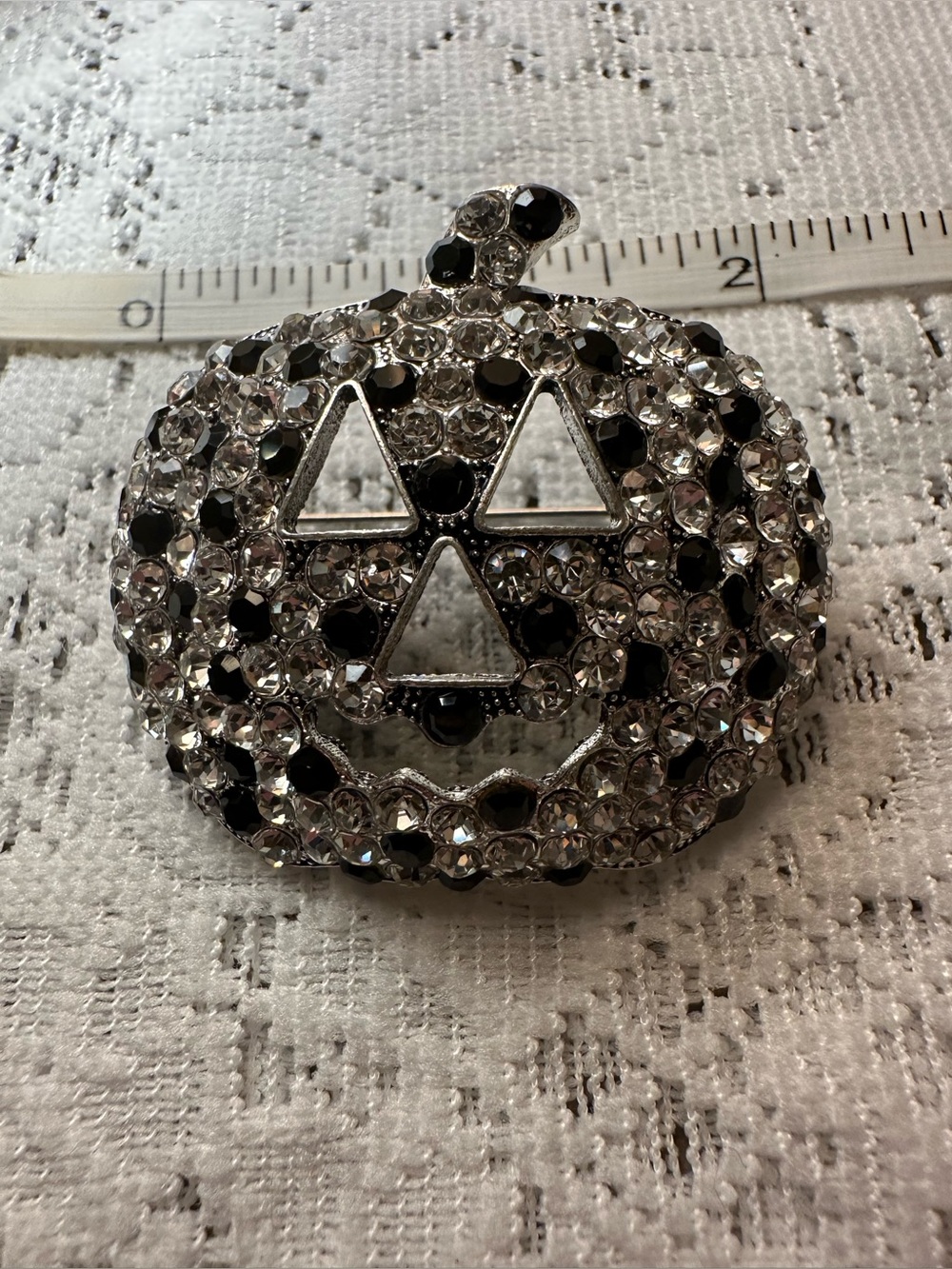Crystal Pumpkin Pin Brooch - Black & Clear Rhinestones - Picture 3 of 3